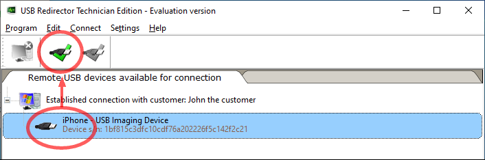 Connecting a USB device in USB Redirector Technician Edition