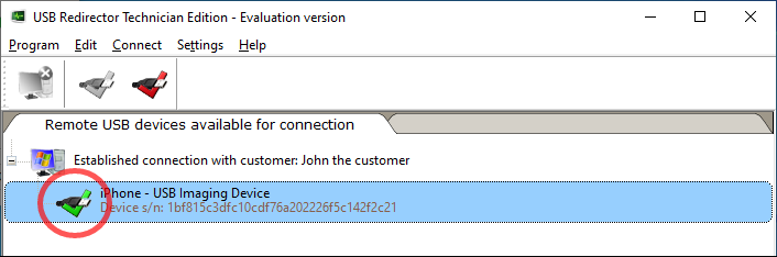 Connected USB device in USB Redirector Technician Edition