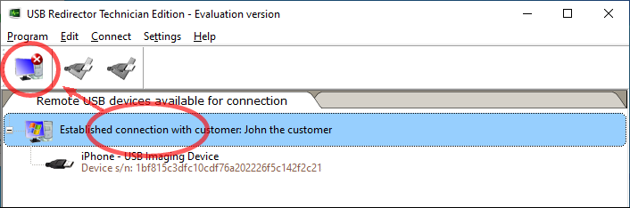 Disconnecting a customer in USB Redirector Technician Edition