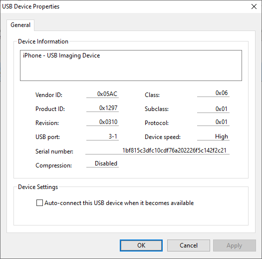 USB Redirector Technician Edition USB Device Properties window