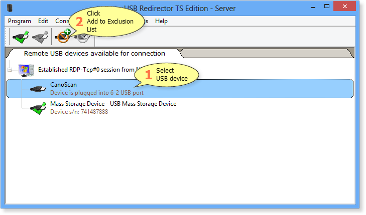 How to add USB device to Exclusions List in USB Redirector TS Edition - Server