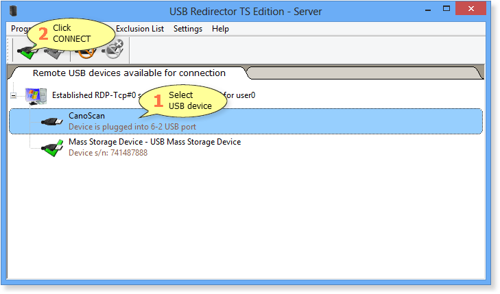 How to connect a USB device in USB Redirector TS Edition - Server
