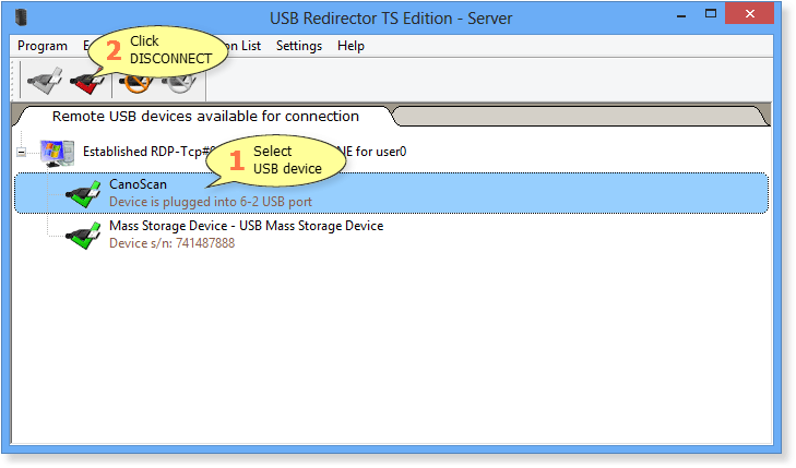 How to disconnect a USB device in USB Redirector TS Edition - Server