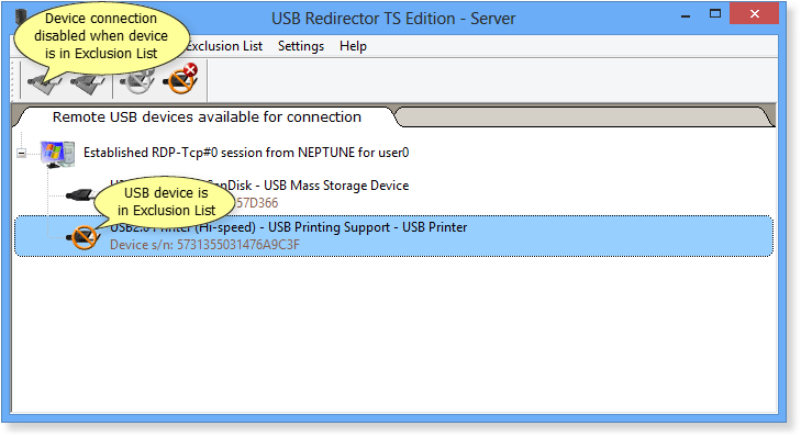 USB Redirector TS Edition - Server Exclusion List example