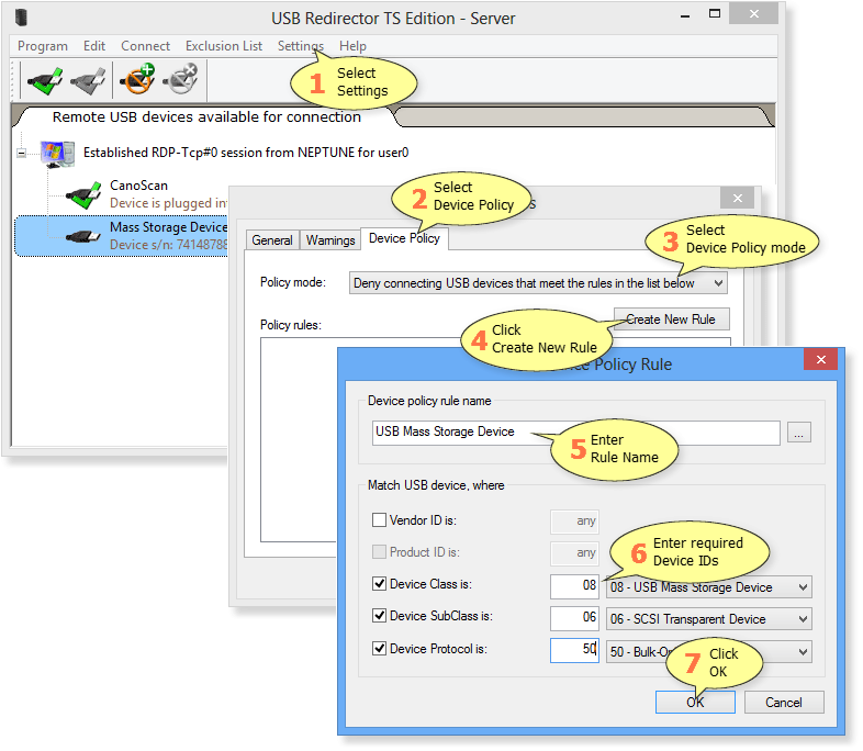 How to add Device Policy rule in USB Redirector TS Edition - Server
