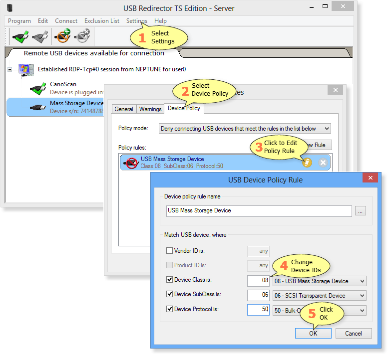 How to edit Device Policy rule in USB Redirector TS Edition - Server
