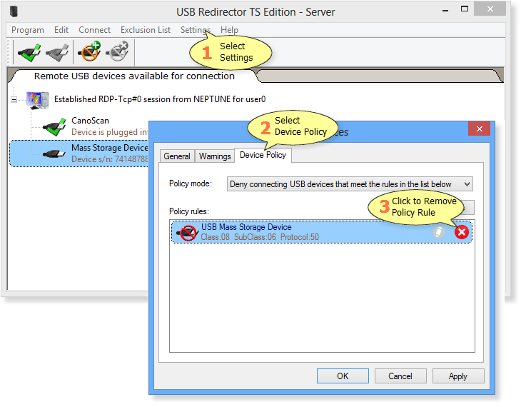 How to remove Device Policy rule in USB Redirector TS Edition - Server