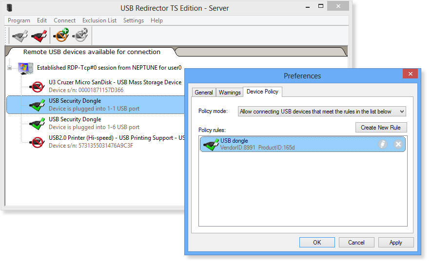 USB Redirector TS Edition - Server Device Policy rule example