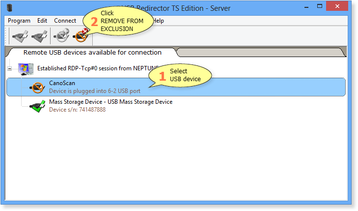 How to remove USB device from Exclusions List in USB Redirector TS Edition - Server