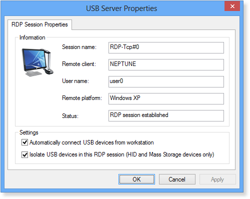 RDP Session Properties window in USB Redirector TS Edition - Server
