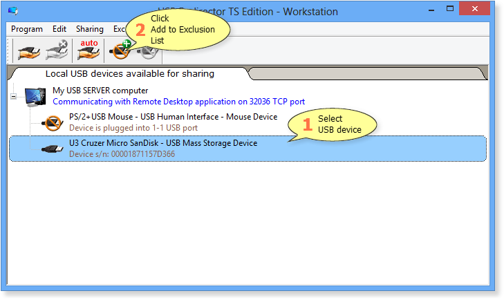 How to add USB device to Exclusions List in USB Redirector TS Edition - Workstation
