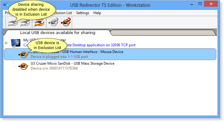 USB Redirector TS Edition - Workstation Exclusion List example
