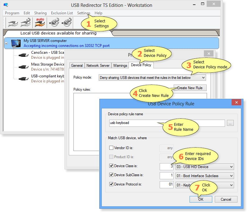 How to add Device Policy rule in USB Redirector TS Edition - Workstation