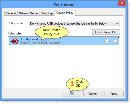 How to save new Device Policy rule in USB Redirector TS Edition - Workstation