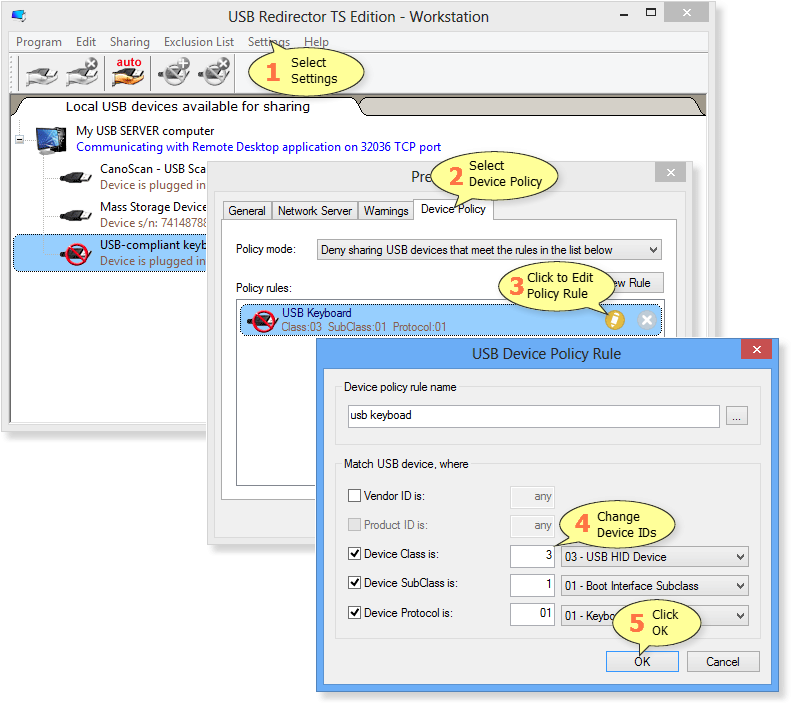 How to edit Device Policy rule in USB Redirector TS Edition - Workstation