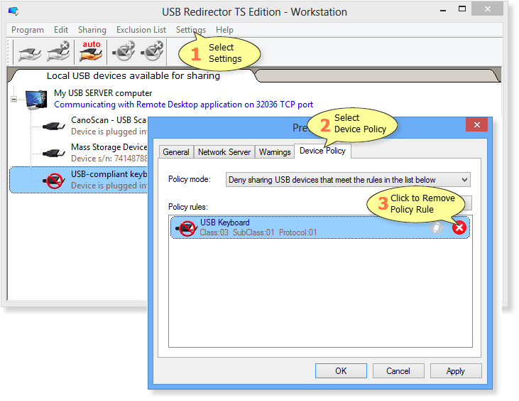 How to remove Device Policy rule in USB Redirector TS Edition - Workstation