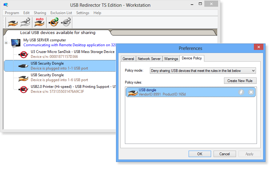 USB Redirector TS Edition - Workstation Device Policy rule example