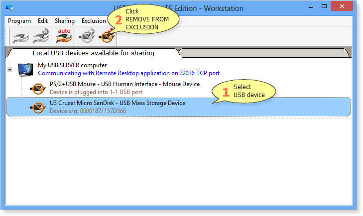 How to remove USB device from Exclusions List in USB Redirector TS Edition - Workstation