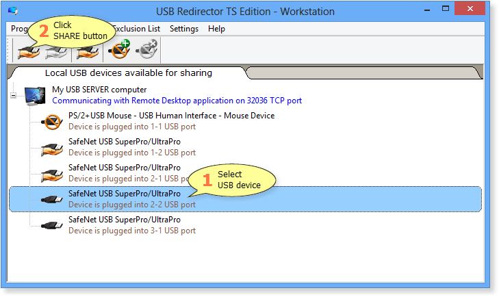 Sharing one of the identical USB devices in USB Redirector TS Edition - Workstation