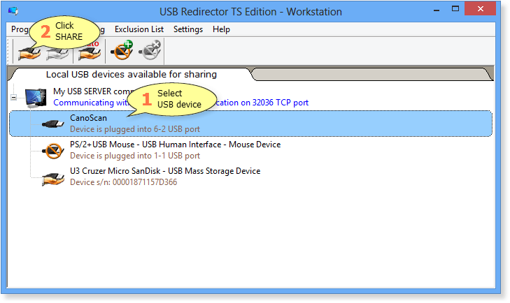 Sharing a USB device without a driver in USB Redirector TS Edition - Workstation