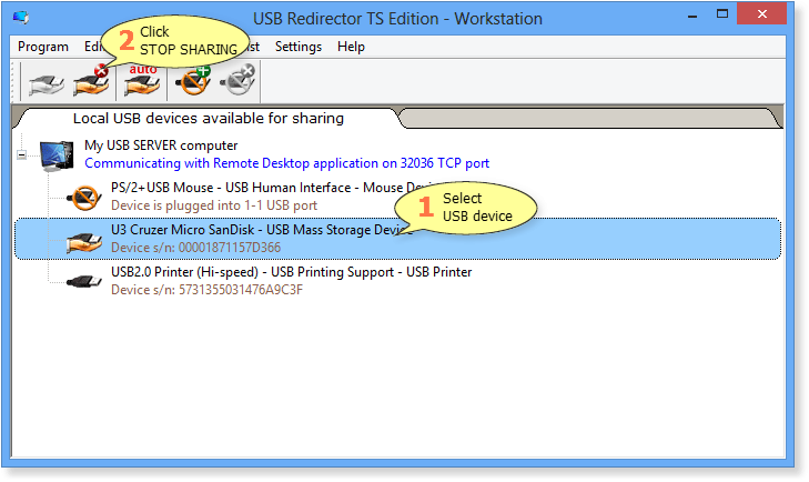 How to stop sharing a USB device in USB Redirector TS Edition - Workstation