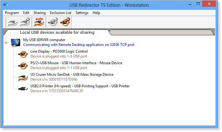 USB Redirector TS Edition - Workstation main window