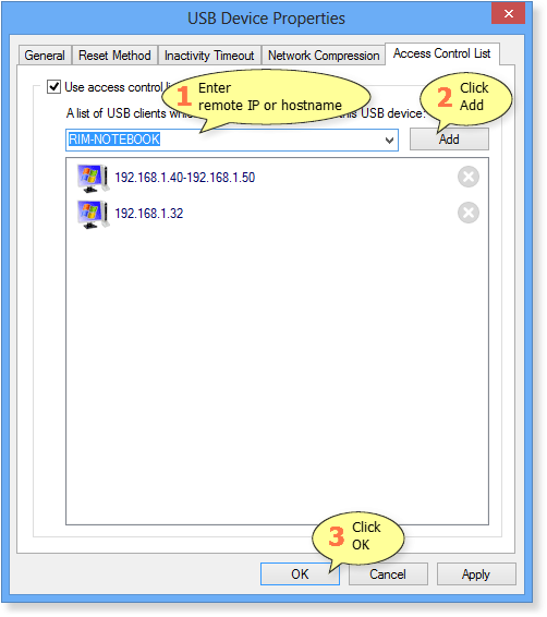 Adding an Access Control List rule in USB Redirector