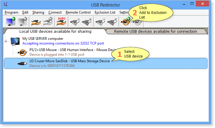 How to add local USB device to Exclusions List in USB Redirector
