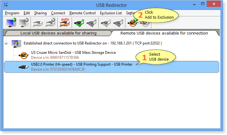 How to add remote USB device to Exclusions List in USB Redirector