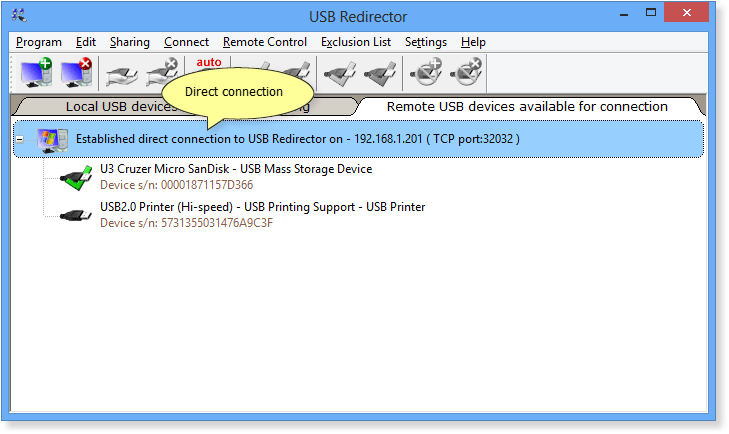 Direct connection to USB server in USB Redirector