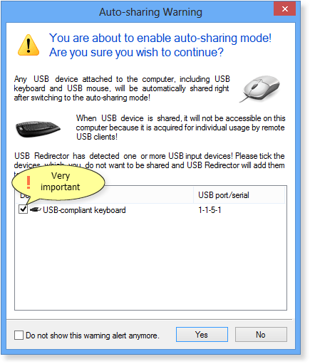USB Redirector auto-sharing warning message