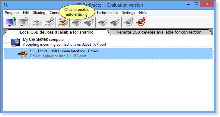 USB Redirector main window with Auto-Sharing button