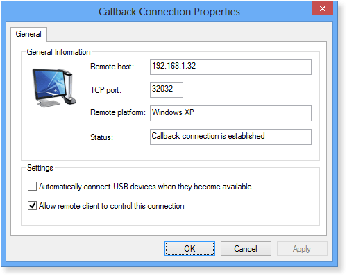 Callback Connection Properties window in USB Redirector