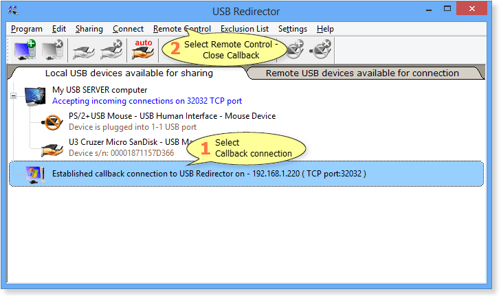 How to close callback connection in USB Redirector