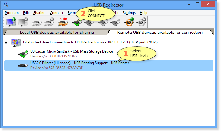 How to connect a remote USB device in USB Redirector