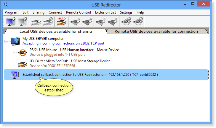 Callback connection to USB client in USB Redirector