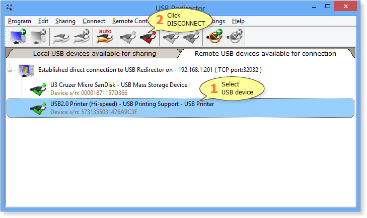 How to disconnect a remote USB device in USB Redirector