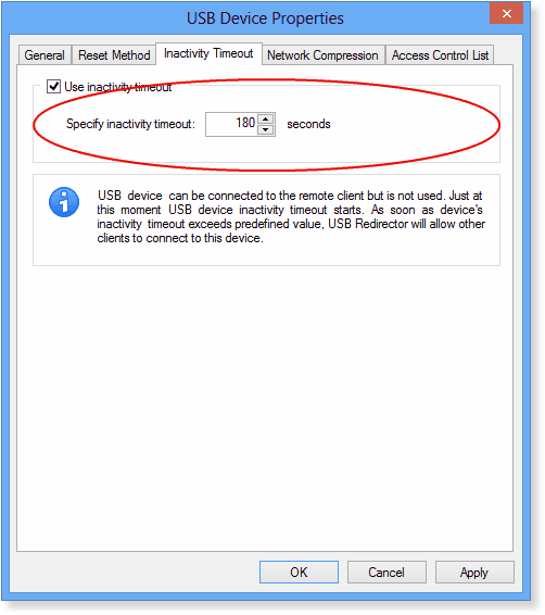 USB device Inactivity Timeout settings in USB Redirector