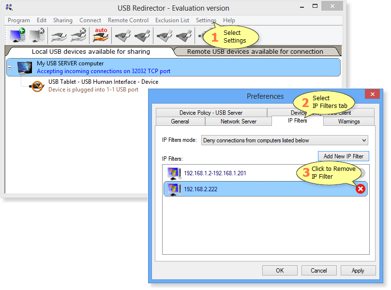 How to remove IP Filter in USB Redirector