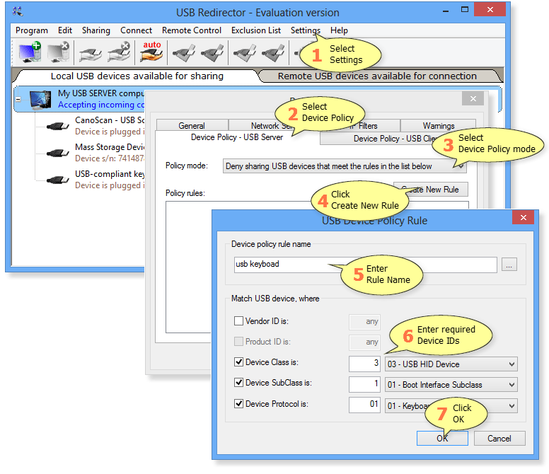 How to add Device Policy rule in USB Redirector