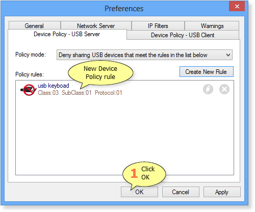 How to save new Device Policy rule in USB Redirector