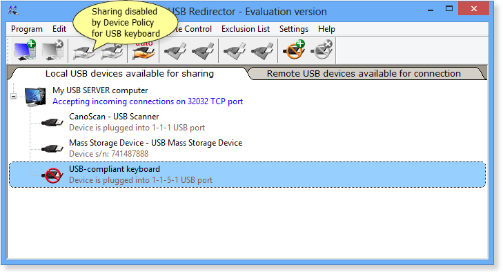 USB Redirector Device Policy example on USB server