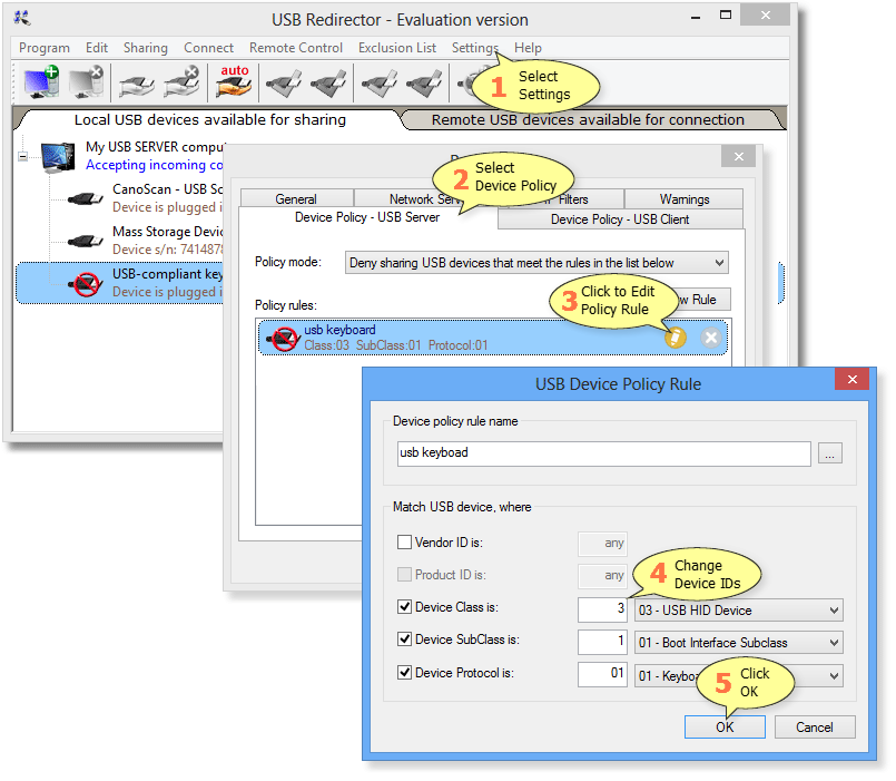 How to edit Device Policy rule in USB Redirector