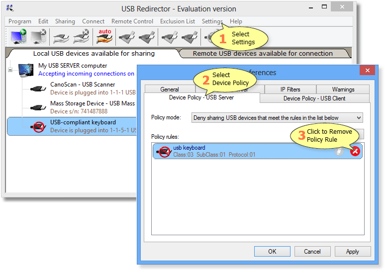 How to remove Device Policy rule in USB Redirector