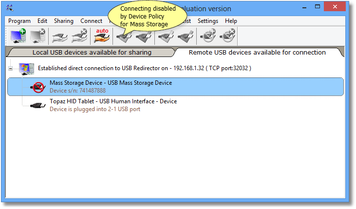 USB Redirector Device Policy example on USB client