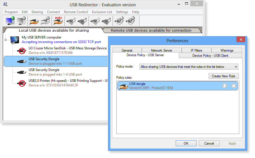 USB Redirector Device Policy rule example