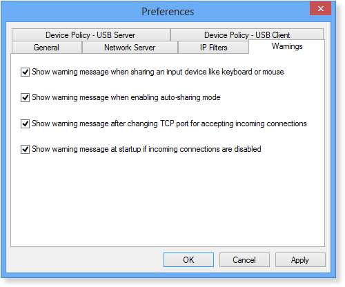 USB Redirector Warnings Settings