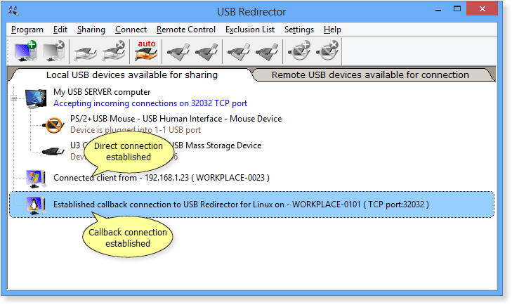 Direct and callback connections in USB Redirector