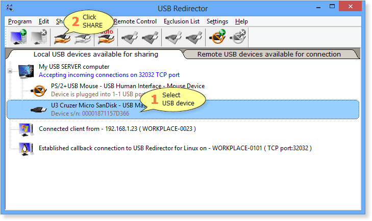 Sharing a USB device in USB Redirector