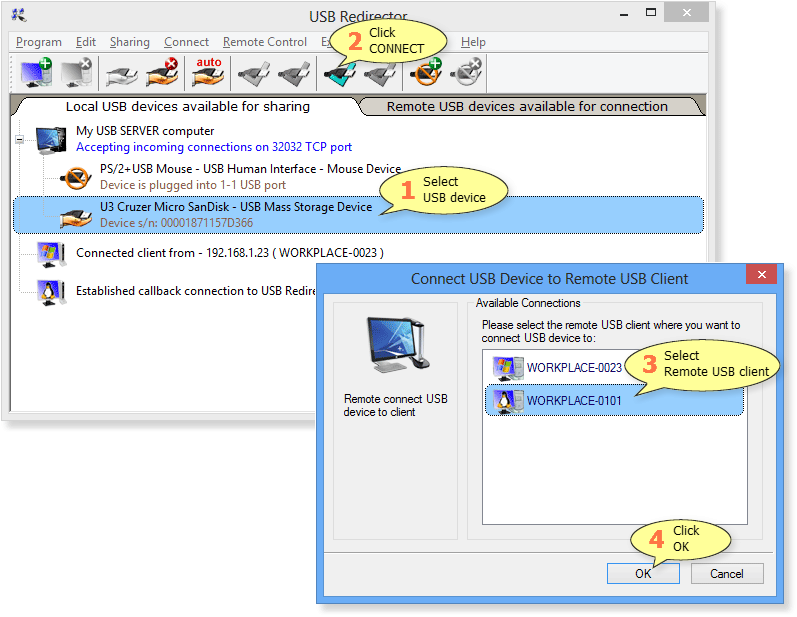 How to connect a USB device to remote USB client in USB Redirector